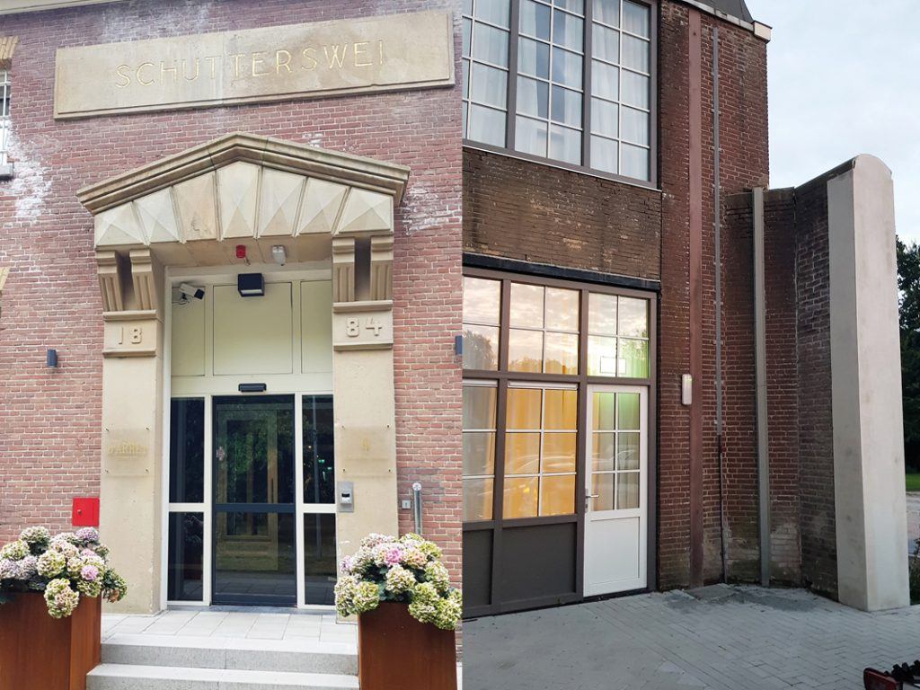 De entree met natuursteen is nog vrijwel ongewijzigd. Een klein stukje van de gevangenismuur is blijven staan
