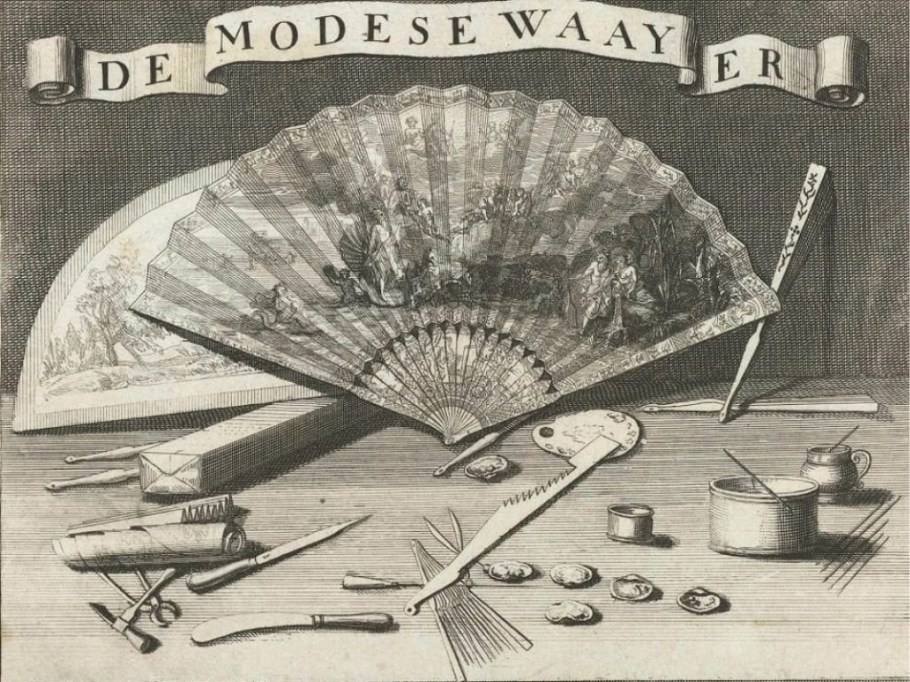 Een waaier en het gereedschap om waaiers te maken, anoniem, ca. 1725 – ca. 1750 – Rijksmuseum.
