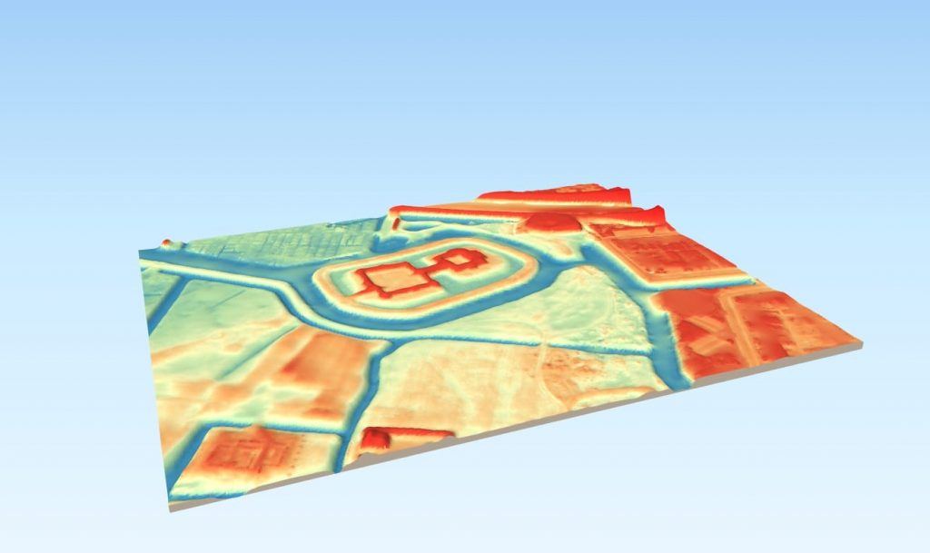 3D model van kasteel de Nieuwburg en directe omgeving. Binnen de aanduiding is het reliëf te zien van het verloop van de toegangsweg naar de Nieuwburg vanaf de Munnikenweg