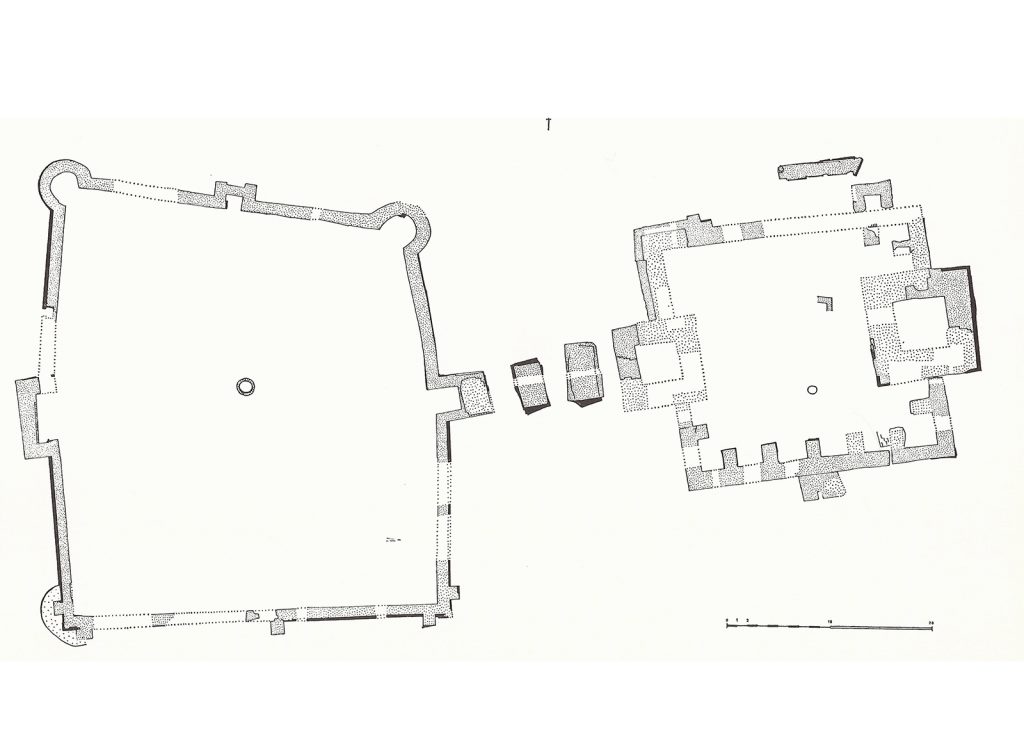 Plattegrond van de Nieuwburg, met faseverschil tussen voorburcht (het “castris” van circa 1250) en hoofdburcht (ná 1288/9) (uit Renaud 1971)