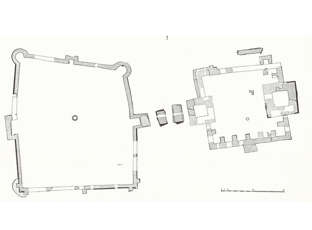 Plattegrond van de Nieuwburg, met faseverschil tussen voorburcht (het “castris” van circa 1250) en hoofdburcht (ná 1288/9) (uit Renaud 1971)