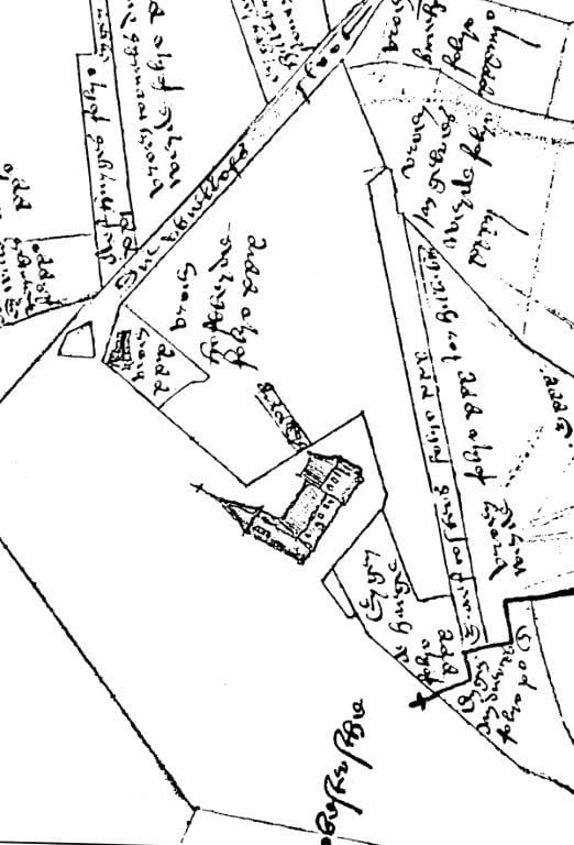 Kaart van de Vroonlanden uit 1530, uitsnede met het kerkje van Koedijk (Rijksarchief Den Haag)