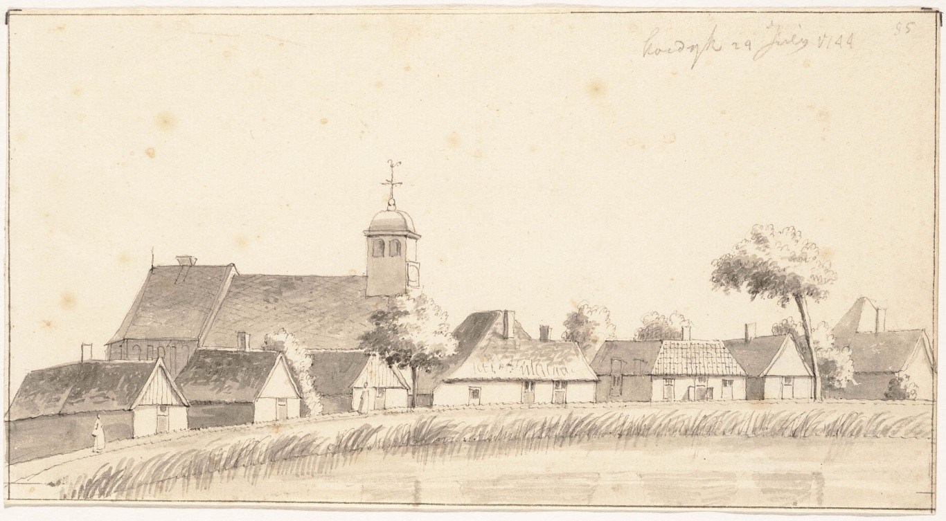 Gezicht op Koedijk vanuit de overzijde van de Rekere, door H. de Winter in 1744 (Regionaal Archief Alkmaar)