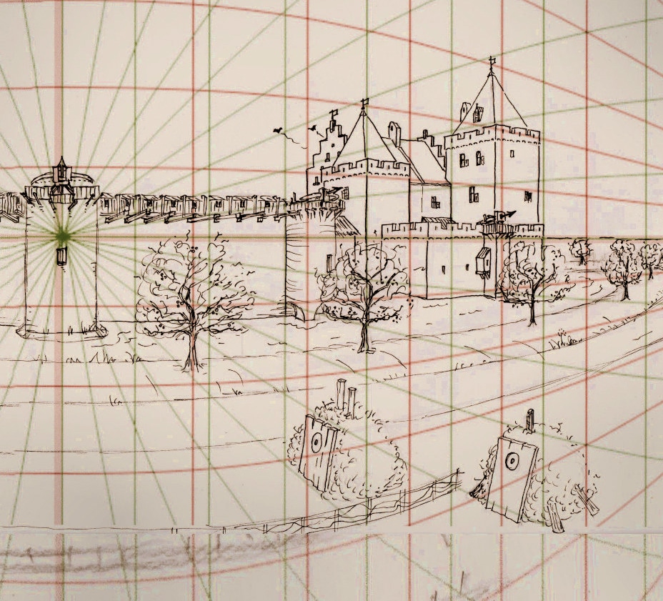 Panorama schets van kasteel de Nieuwburg 
