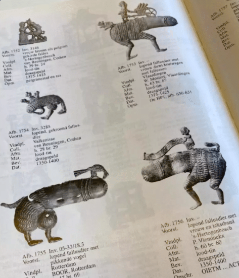 Fallusdieren - pagina uit boek 'Heilig en Profaan 2 Boterstraat Alkmaar opgravingen. Foto Anne Klijnstra