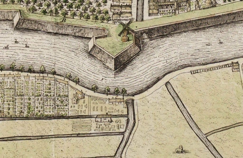 uitsnede kaart Blaeu 1649 blekerij hoek Blekerskade Nieuwlandersingel