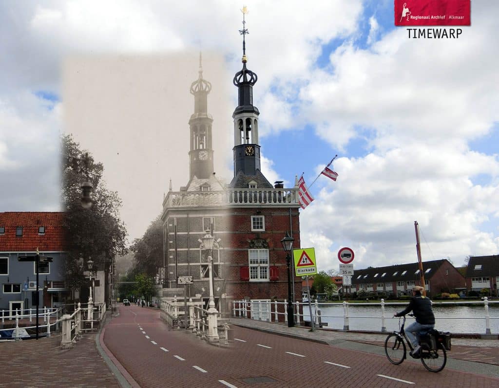 Timewarp van de Accijnstoren. De oude locatie en de nieuwe locatie een paar meter verderop.