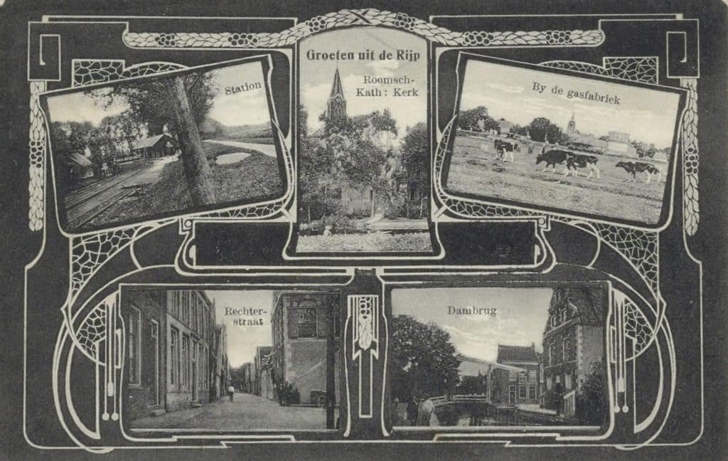 Prentbriefkaart met afbeeldingen van De Rijp in een Jugendstilkader. Circa 1915. Collectie Kaptein.