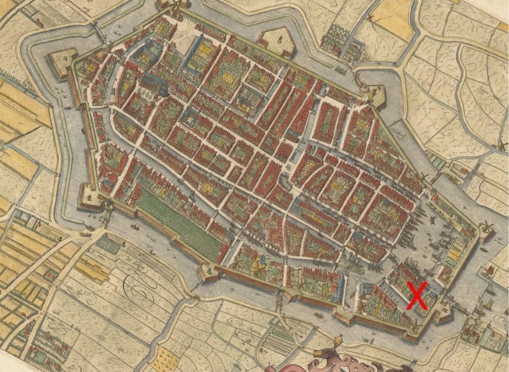 Stadsplattegrond van Alkmaar uit 1597 van de beroemde Alkmaarse graveur, cartograaf en uitvinder Cornelis Drebbel.