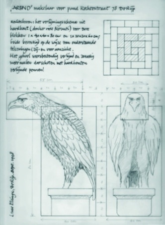 Tekening van de houten arend.