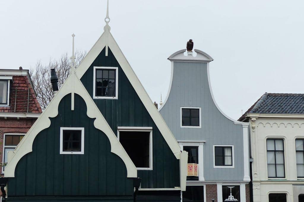 Houten huizen in De Rijp. Met makelaars op het dak. Op de nok van het Huis met de Arend staat de houten arend. Mei 2016.