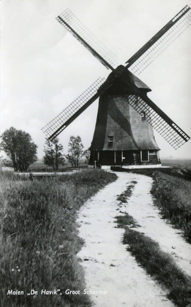 Prentbriefkaart van Molen de Havik bij Grootschermer. Je kijkt naar het oosten. Foto Oudheidkundige Vereniging Schermereiland.