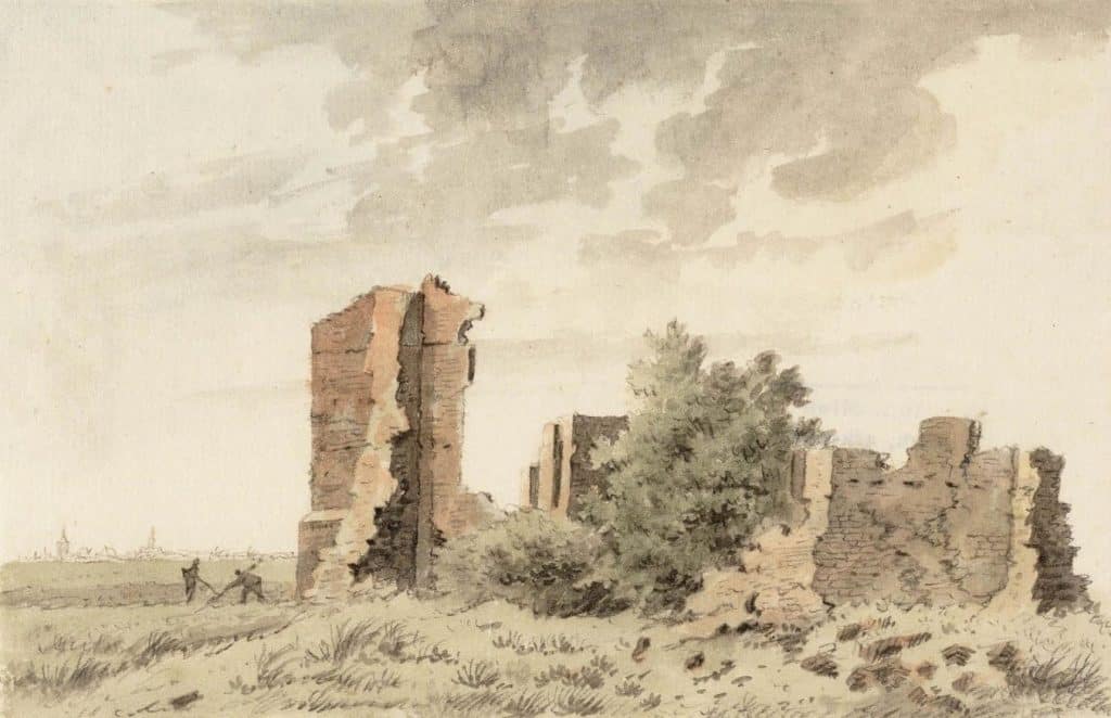 Tekening van de ruiïne van het kerkje in de Schermer.