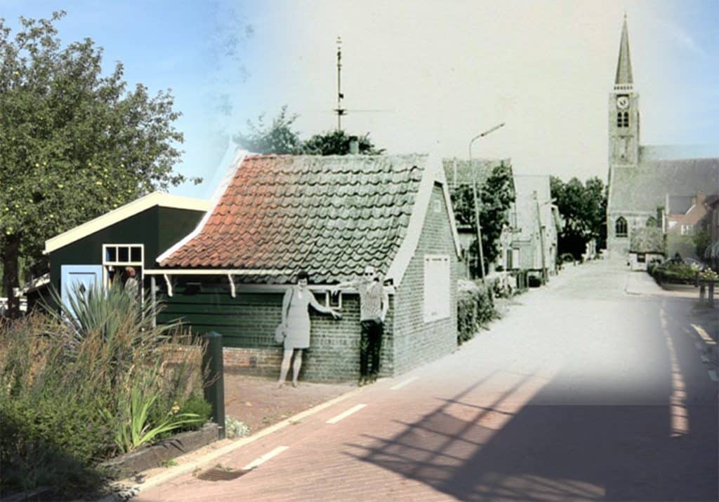 Timewarp Kleinste Huisje. Een foto uit de jaren 60 gecombineerd met een foto uit 2022.