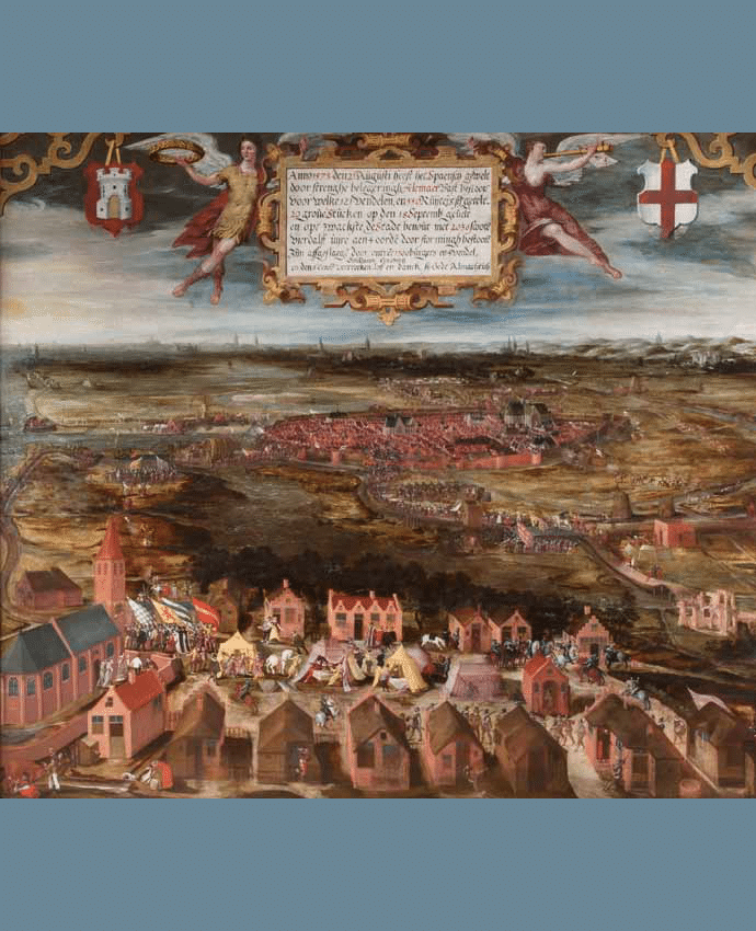 Dit schilderij uit 1603 verbeeldt de situatie tijdens het Beleg van Alkmaar. We kijken vanuit het noorden richting Alkmaar en omgeving.