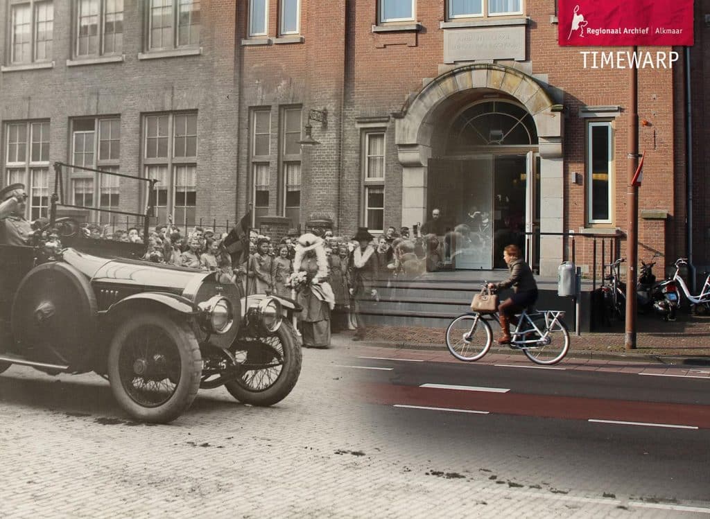 Timewarp van de Bergerweg. Koningin Wilhelmina bezoekt de ambachtsschool in Alkmaar op 11 september 1920.