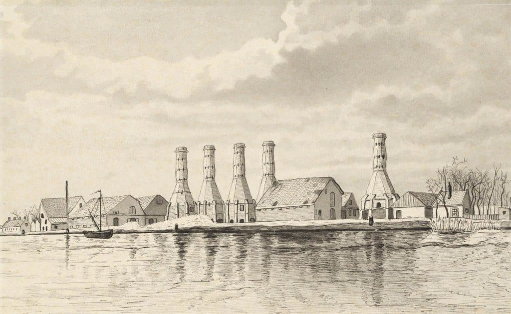 De 5 kalkovens van Stoel aan het kanaal tegenover de Omval. Prent uit 1889. De kalkovens zijn in 1970 afgebroken.