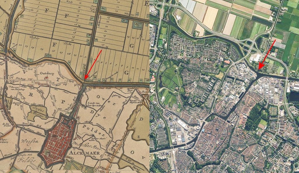 Oude kaart en een recente satelietfoto van de locatie van De Omval ten opzichte van de binnenstad van Alkmaar.