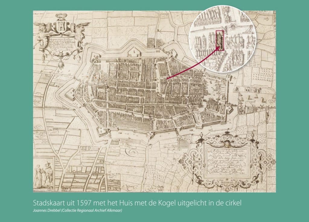 Stadskaart uit 1597 met het Huis met de Kogel uitgelicht in de cirkel. Joannes Drebbel.