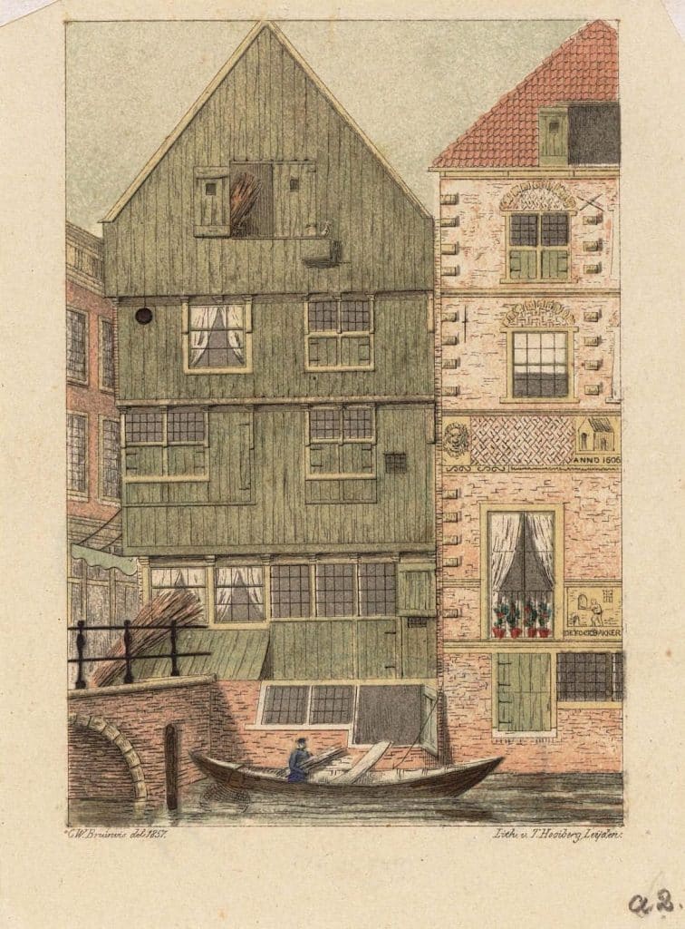 Het Huis met de Kogel. Getekend door de Alkmaarse archivaris C.W. Bruinvis, 1857.