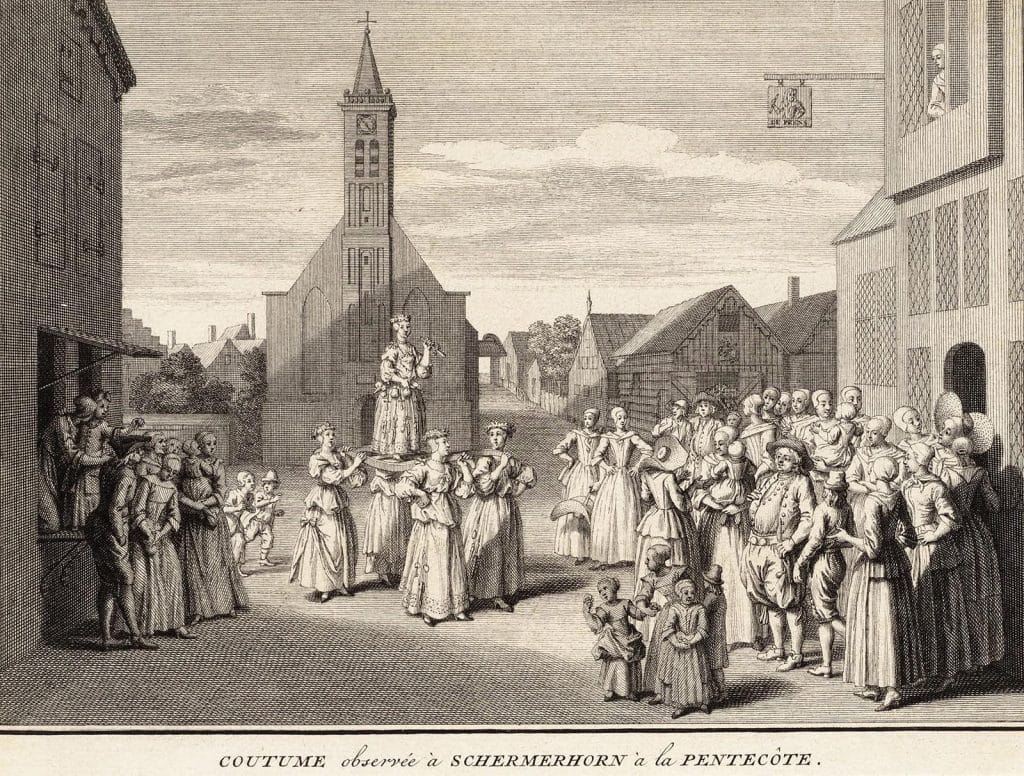 Prent door B. Picart uit 1732. Op de achtergrond de Grote Kerk van Schermerhorn vanuit het westen. "Coutume observée ... Schermerhorn ... la pentec"te", de 'pinksterblom', een meisje versierd met bellen en sieraden, wordt door vier andere meisjes op draagbaar rond gedragen. In haar rechterhand heeft zij een zilveren kommetje en in haar linker een fluitje waarop zij fluit als zij de giften van de publiek in ontvangst neemt. Links en rechts een drom toeschouwers. Op de achtergrond de kerk van Schermerhorn vanuit het westen. Rechts de herberg 'De Prins', met opvallend uithangbord.
