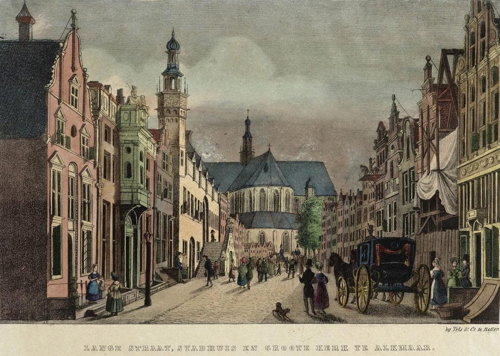 Prent van de langestraat met Grote kerk, stadhuis en het Moriaanshoofd. 1840.