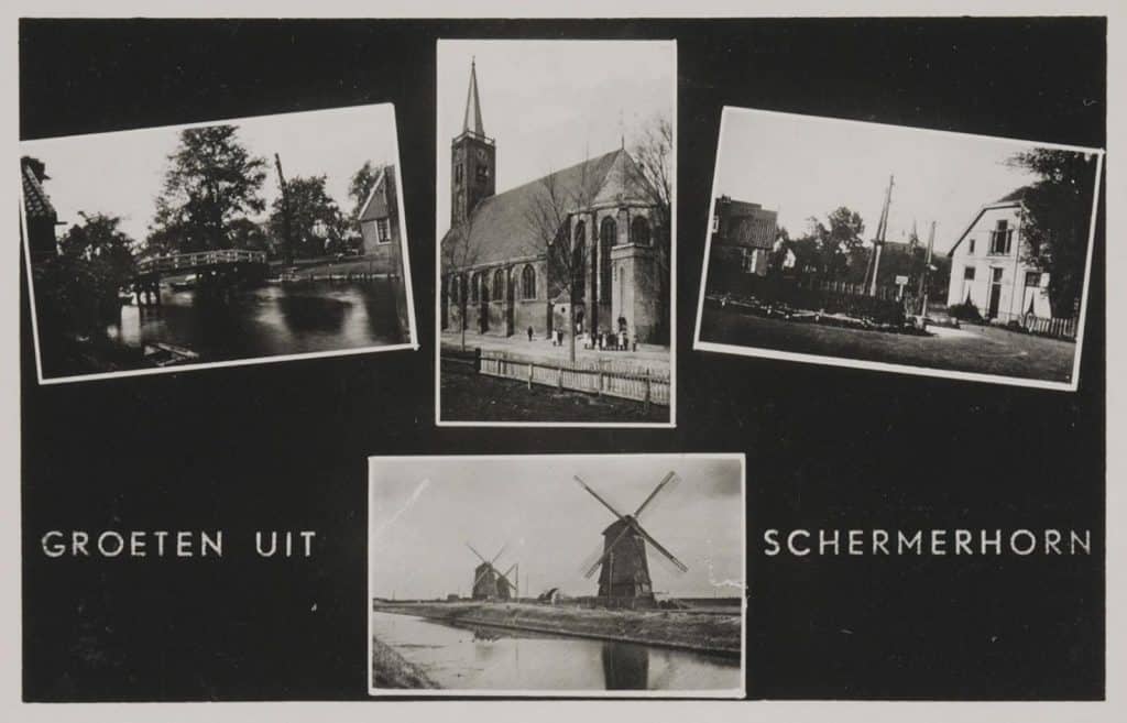 Prentbriefkaart met de Grote Kerk van Schermerhorn en de Noordervaart met molens. Foto JosPe. Circa 1960.