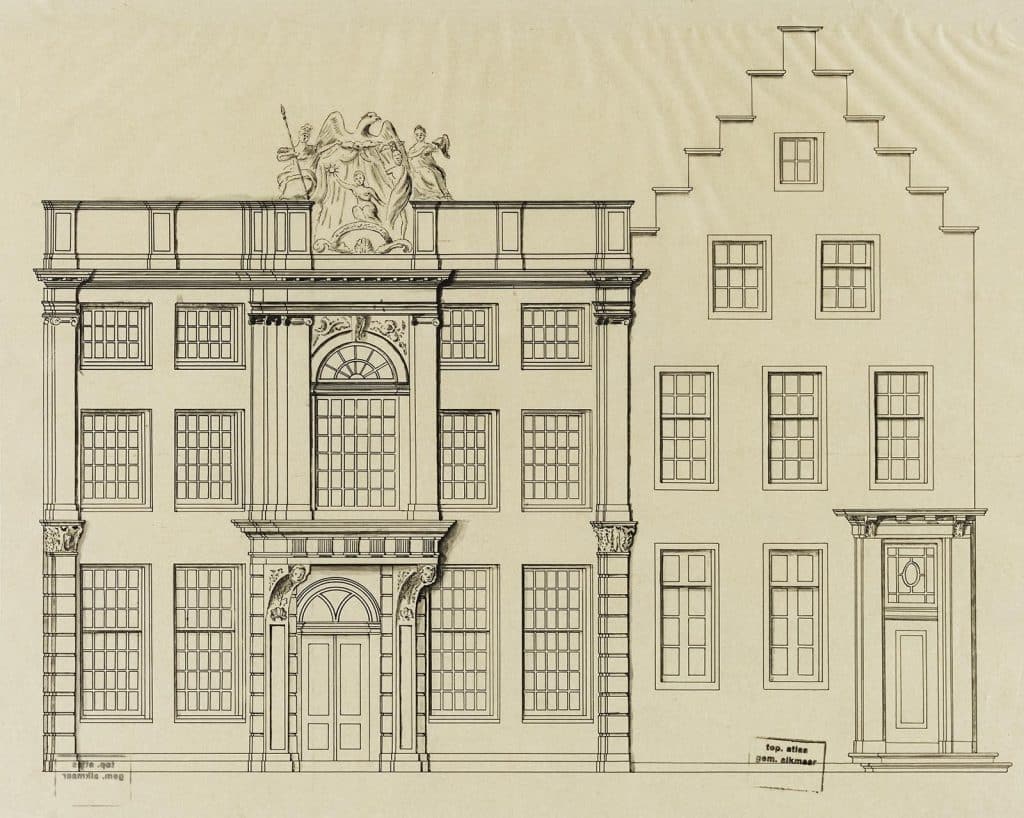 Technische tekening. Vooraanzicht Langestraat 93-95 het Moriaanshoofd. Circa 1955.