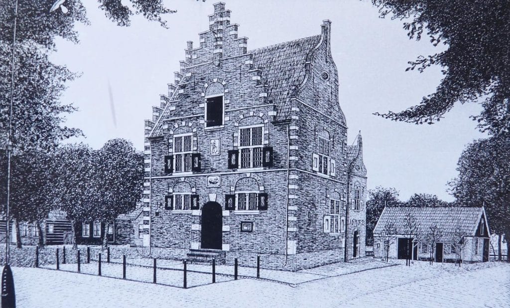 Tekening van het Raadhuis in Grootschermer.