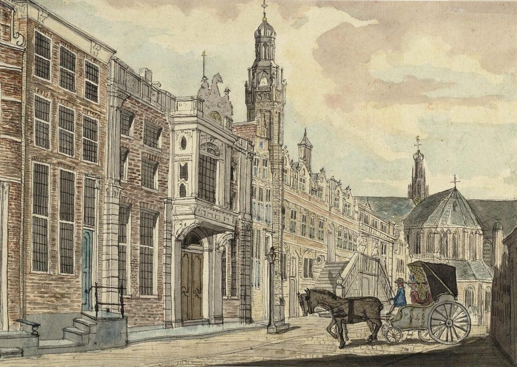 Tekening van de Langestraat met Moriaanshoofd met koets met twee paarden ervoor. J. A. Crescent 1790.