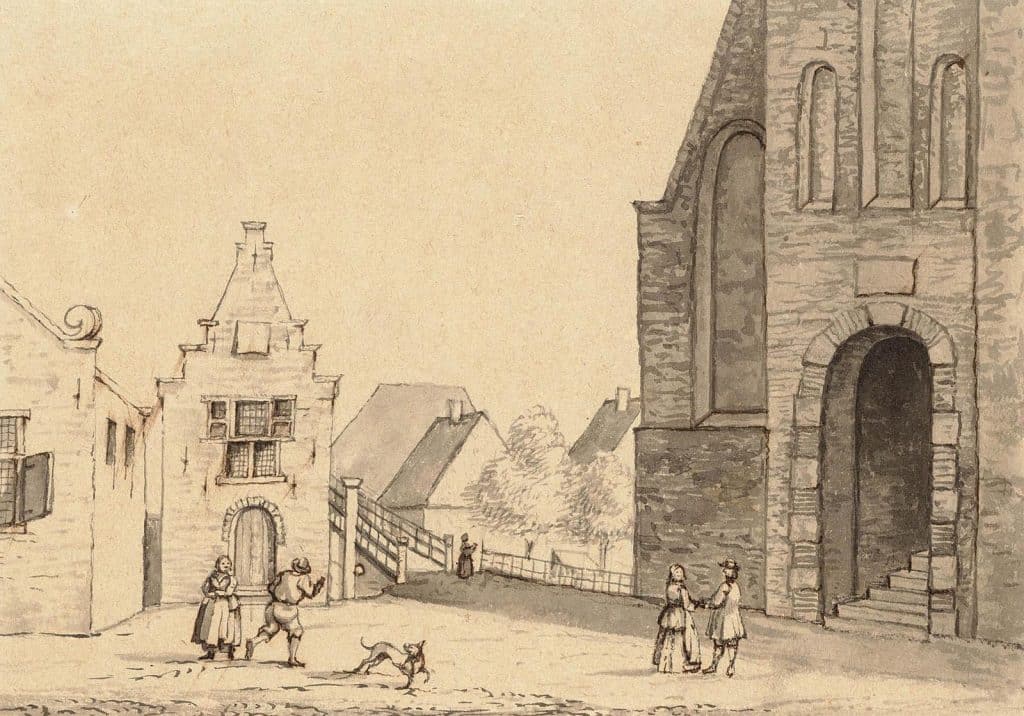 Tekening van dorpsgezicht met rechts de westgevel van de Grote Kerk en links het raadhuis of Regthuysje. Circa 1875.