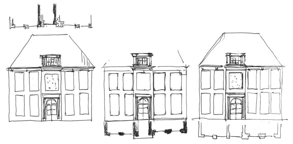 Studie door Rob de Vries naar de afwijkingen in de symmetrie van de achtergevel van het Moriaanshoofd. Van links naar rechts. Schets 1; dé ideale symmetrische oplossing van de gevel. Schets 2; een asymmetrisch geplaatste gang, maar symmetrische opbouw van de risaliet. De deur zou dan uit het midden van de gang komen te liggen, dit zou echter wel hebben gepast. Schets 3; de uiteindelijke oplossing met een asymmetrisch geplaatste middenrisaliet en binnen de risaliet uit het midden geplaatste tuindeur in de gang. De gemetselde dakkapel en blindnis zijn wel symmetrisch in de risaliet geplaatst. Een risaliet is het gedeelte van een gevel dat over de volle hoogte naar voren springt ten opzichte van de rest van de gevel.