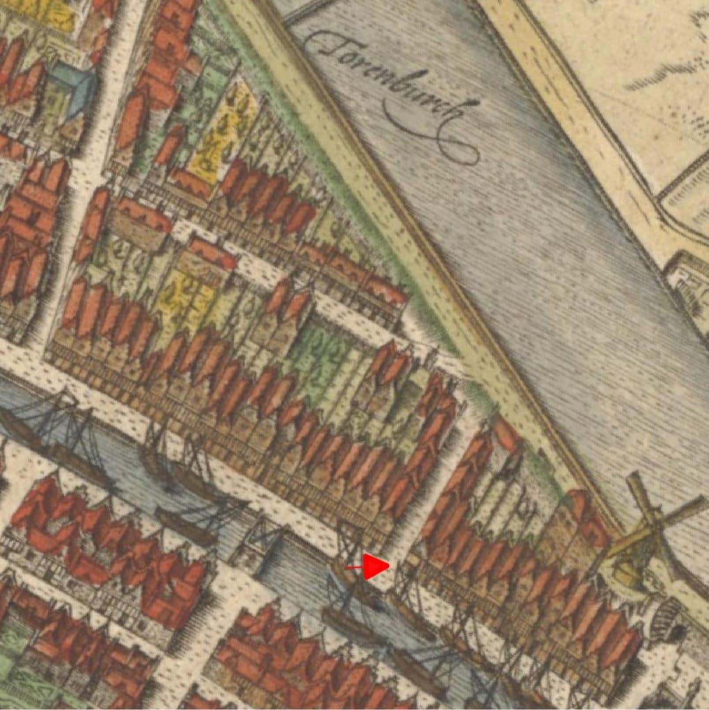 De ligging van de vindplaats op de kaart van Drebbel (1597), aangewezen door een rode pijl.
