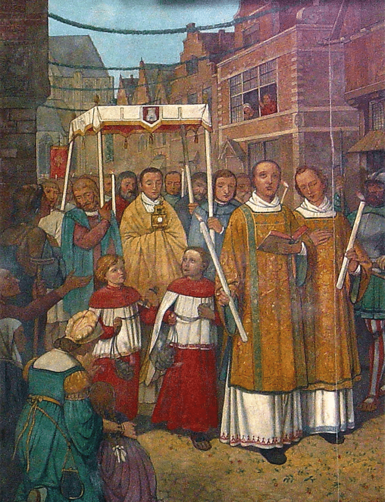 Een wandschildering door A. Kläsener uit 1875 toont de toen nog jonge pastoor J.H. Ruscheblatt en zijn kapelaans Kerschner en Jansen en misdienaars tijdens een bloedprocessie.