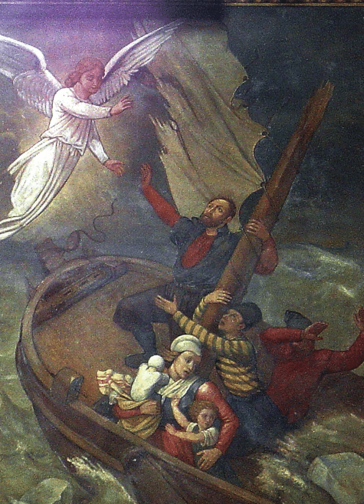 Muurschildering 'De verschijning van de engel aan de schipbreukelingen' van het Bloedmirakel van Alkmaar in de Sint Laurentiuskerk. Door kunstenaar A. Kläsener circa 1880.