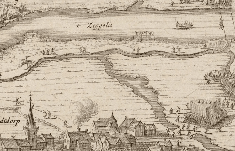 Het Alkmaarse galgenveld lag een eindje buiten de stad, ten noorden van het Zeglis. Op dit detail van een kaart uit 1703, kijken we vanuit het noorden naar het Zeglis. Tussen de Schermerweg en het Zeglis zien we duidelijk ‘galg en rad’. Reizigers die via het water of de weg Alkmaar naderden waren zo gewaarschuwd dat in Alkmaar de rechtbank de doodstraf op kon leggen.