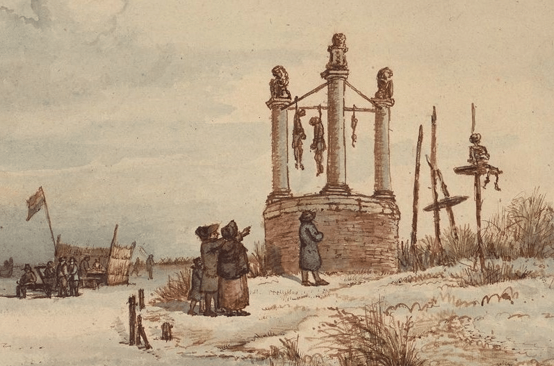 Van het Alkmaarse galgenveld zijn geen afbeeldingen bekend, maar het zal er ongeveer uitgezien hebben als dit Amsterdamse voorbeeld. Galg en rad zijn in gebruik, en de vader van het gezin op de voorgrond wijst zijn kind op de gevolgen van ongehoorzaamheid. Collectie Stadsarchief Amsterdam.