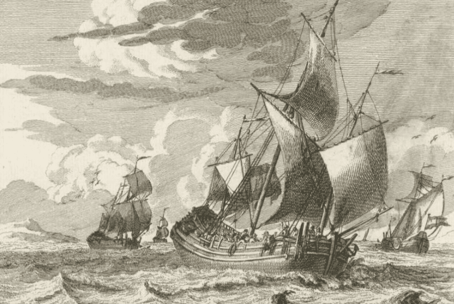 Zo ziet een haringbuis eruit. Titel: Haringbuis zeilt huiswaarts. Door Adolf van der Laan, naar Sieuwert van der Meulen. 1728 - 1761 Rijksmuseum Amsterdam.