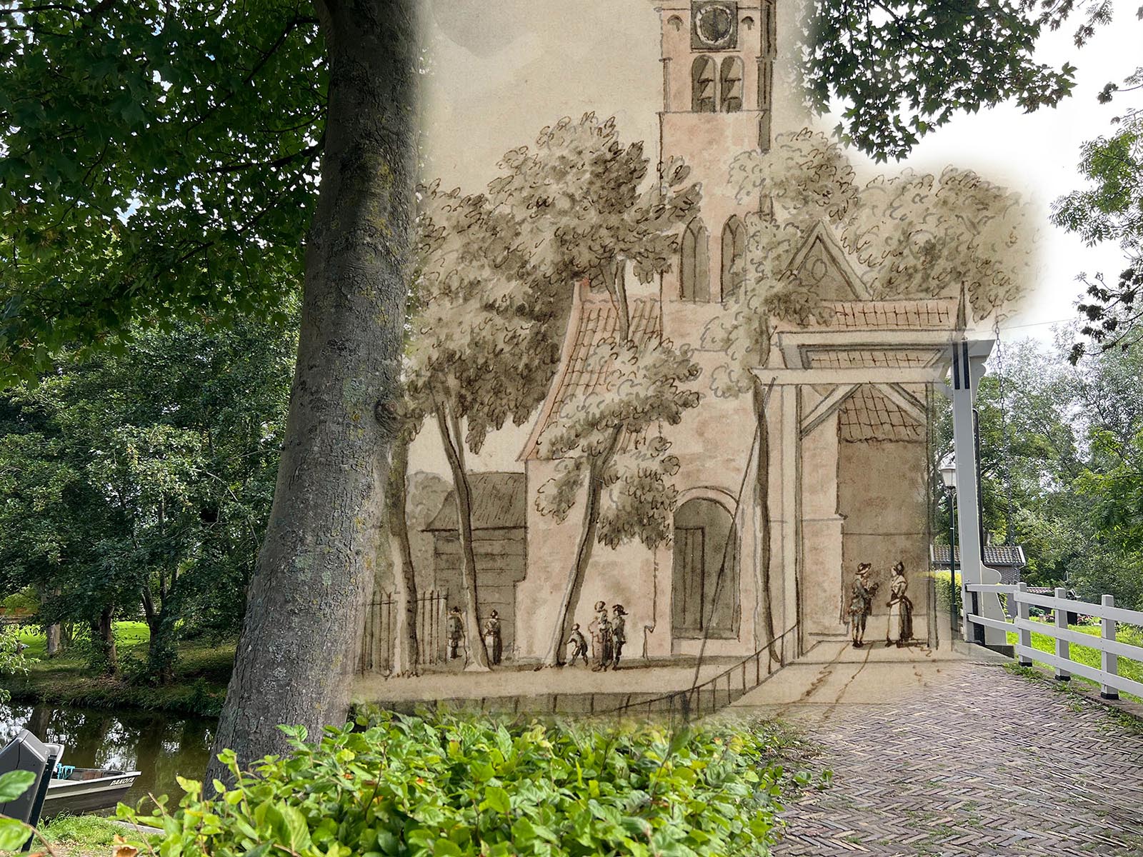 Timewarp van de Dorpskerk in Grootschermer. Een combinatie van een tekening uit 1750 en een foto uit 2025.