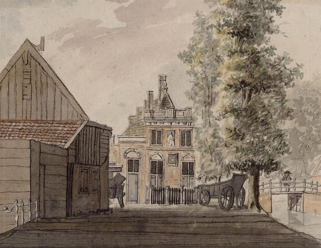 Gezicht vanaf de Oudegracht op het Hofje van Splinter aan het Ritsevoort. Tekening door J.A. Crescent 1798.