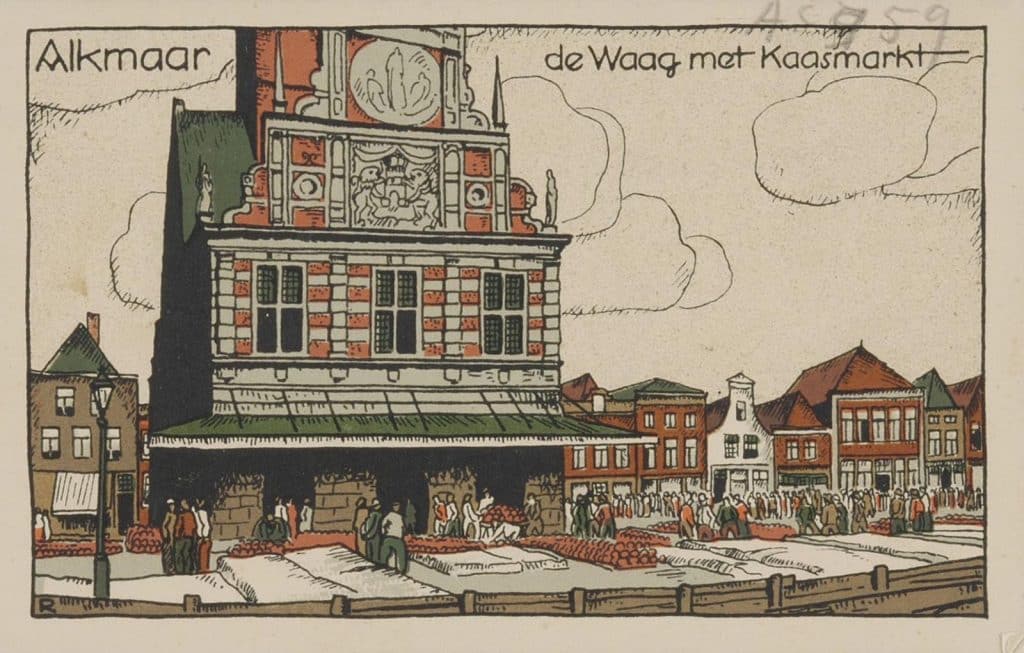 Houtsnede Zicht op de Waag en op het Waagplein, waar de Kaasmarkt gaande is. Circa 1925.