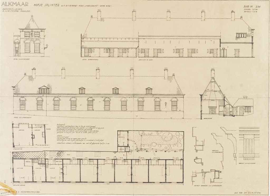Ontwerptekening Hofje van Splinter 1944. Gevels, doorsnede, plattegrond begane grond en details grootlijst en raamkozijn.