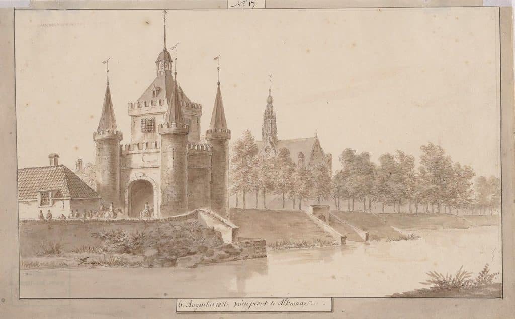 Tekening uit 1826 van de Friese Poort en de Grote Kerk Alkmaar