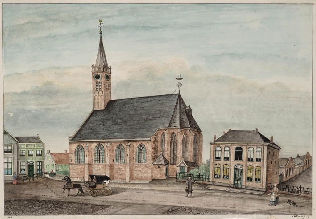 Tekening van dorpsgezicht te Schermerhorn met de kerk en rechts het raadhuis. K. Weeshoff 1886.