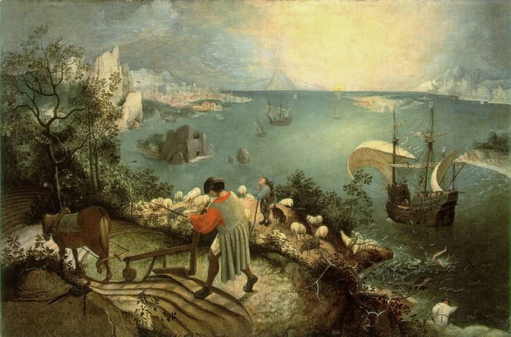 Schilderij 'De val van Icarus' van Pieter Bruegel de Oudere. Op de voorgrond zien we een boer die het land open ploegt met een keerploeg en een paard.