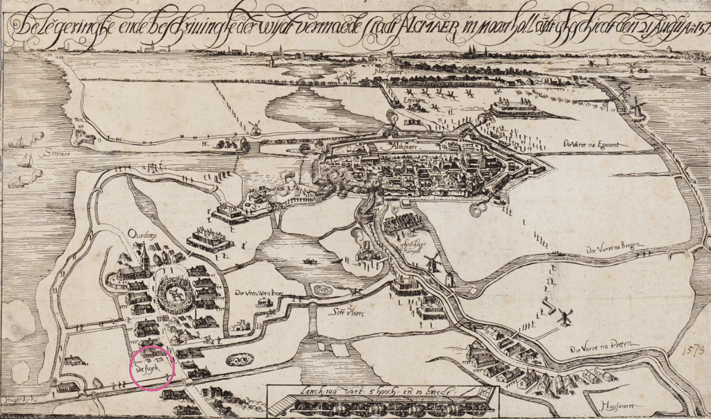 Boerderij De Fuyck in Oudorp op oude prenten van het beleg van Alkmaar in 1573