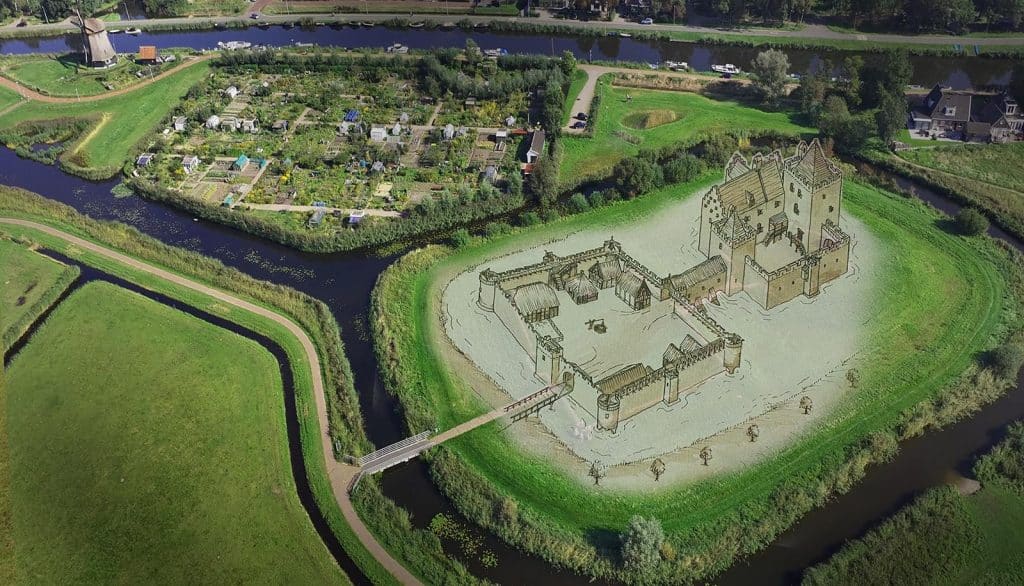 Tekening van kasteel De Nieuwburg gemonteerd in een foto vanuit de lucht gezien.