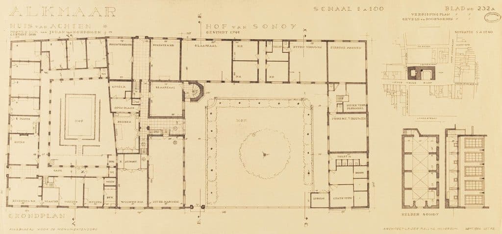 Plattegrond van het Huis van Achten en het Hof van Sonoy. Verdiepingsplan, gevels en doorsneden.