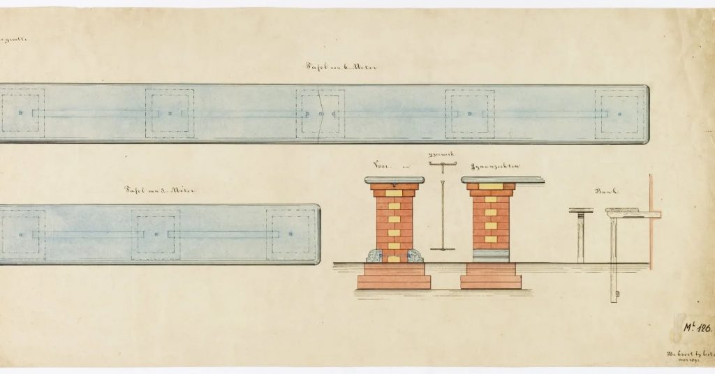 Ingekleurde tekening van visbanken in Alkmaar gemaakt door de stadsarchitect