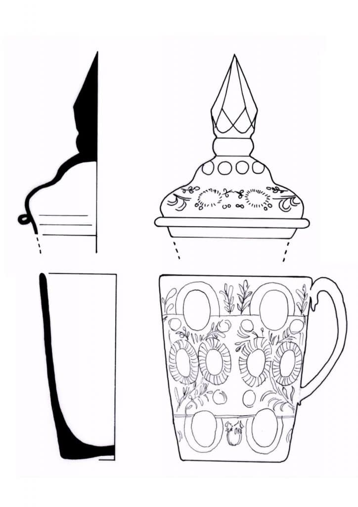 Tekening van een glazen chocoladebeker uit de eerste helft van de achttiende eeuw